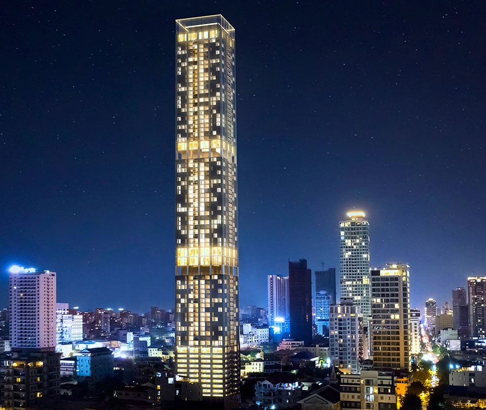 金色の照明が映えるJ Tower 3の外観夜景パース